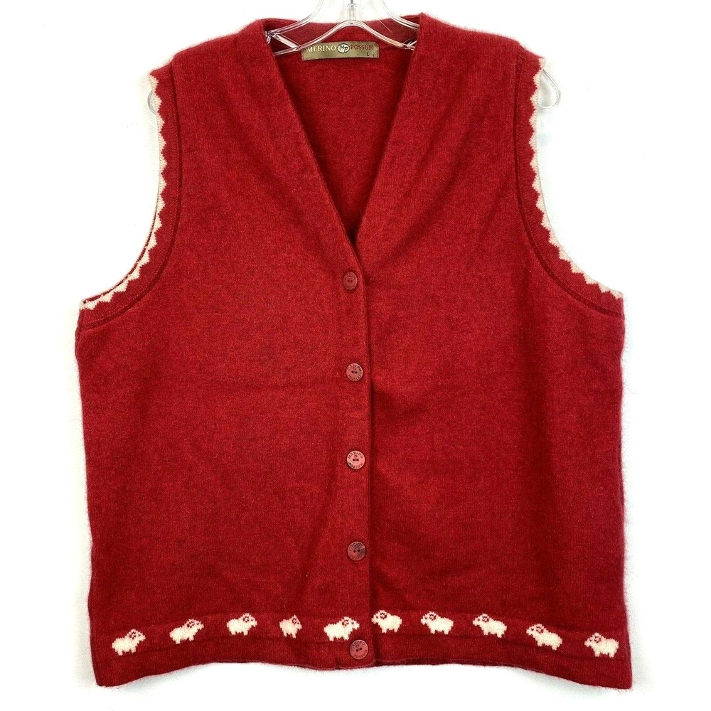 MP Merino Possum Sweater Vest Womens L Button Up Red Sheep Cardigan Holiday
